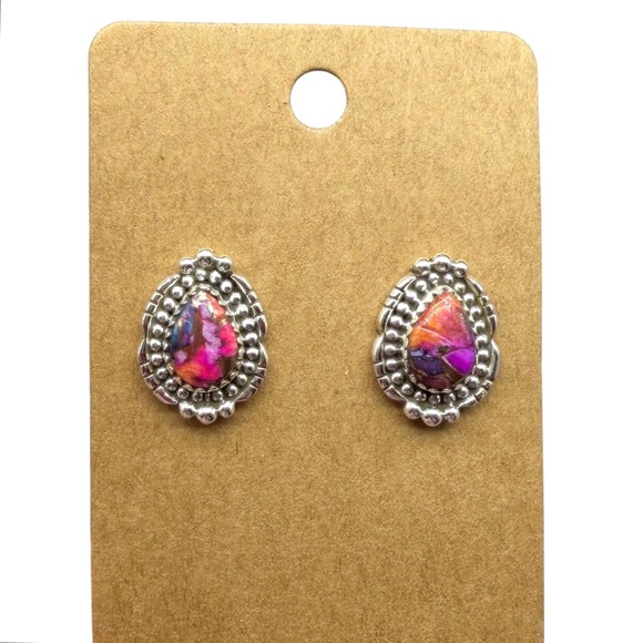 Kingman Pink Dahlia Turquoise Stud Earrings Solid 925 Sterling Silver Post Back